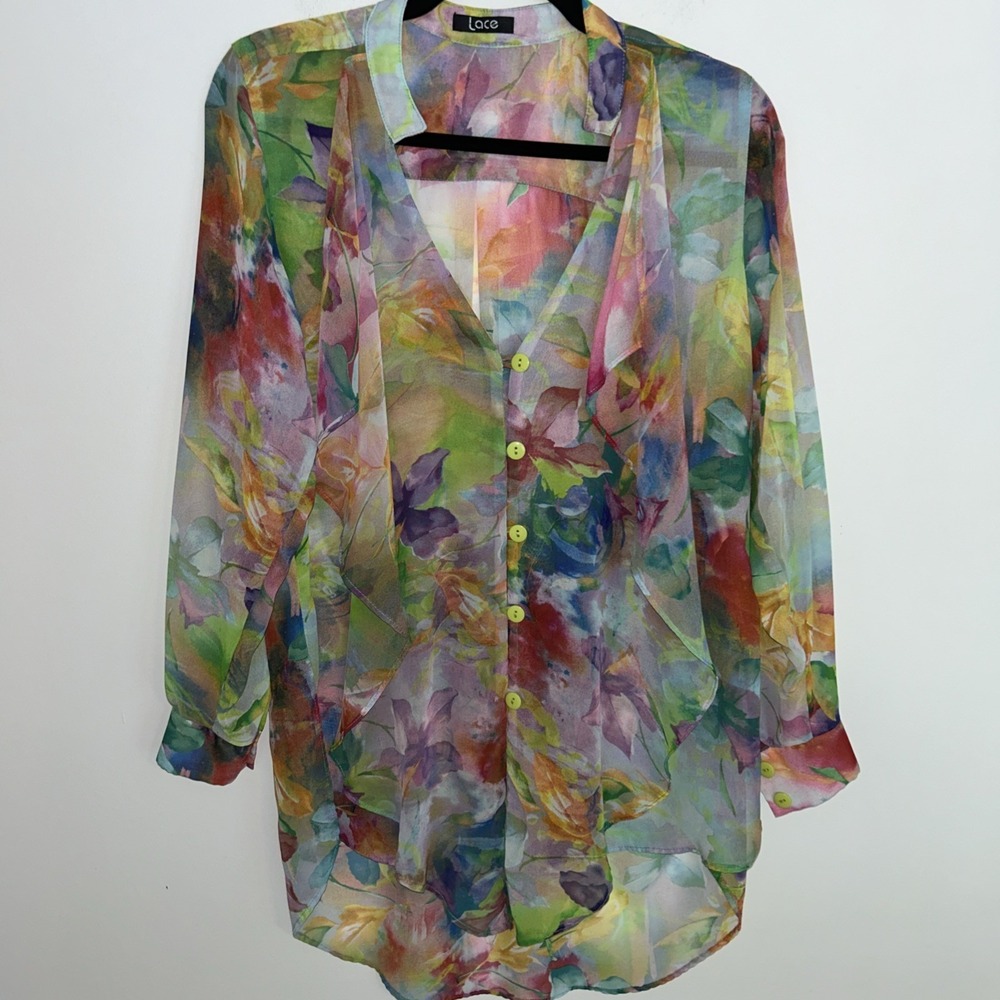 Multicolor Sheer Women's Button Down Long Sleeve Blouse‎ S Long Whimsical Floaty